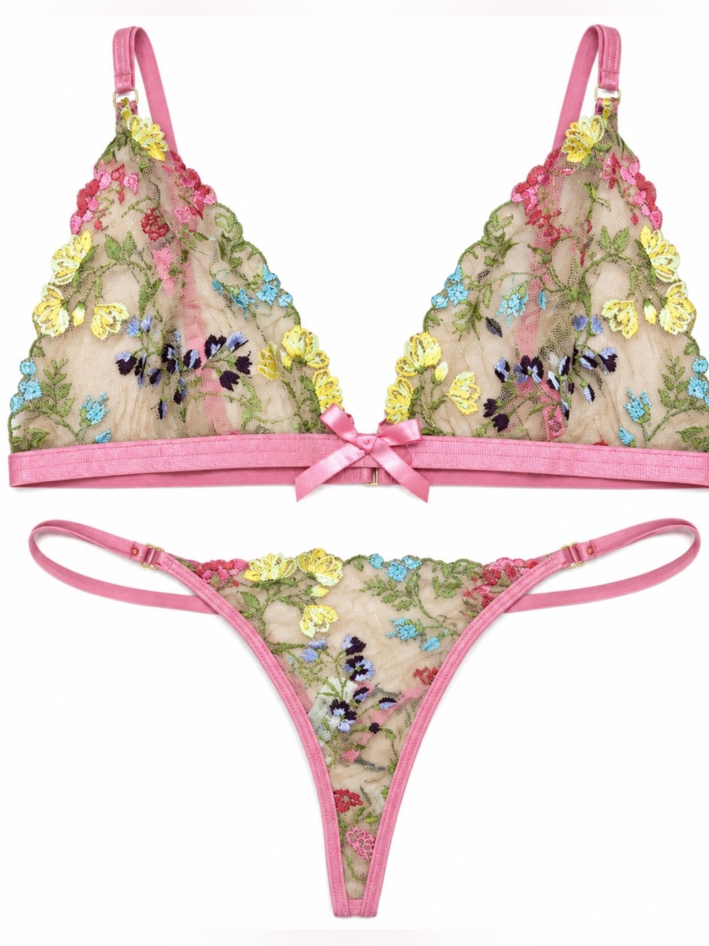 Dolls Kill Mignonne Floral Embroidered Sheer Lingerie Set Bra & Thong NWT L